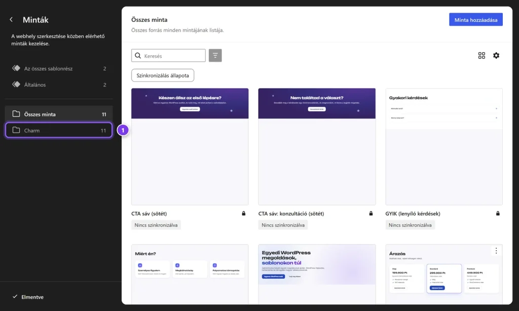 A saját Charm téma a WordPress Szerkesztőjében: a Minták között a téma saját blokk-mintái.