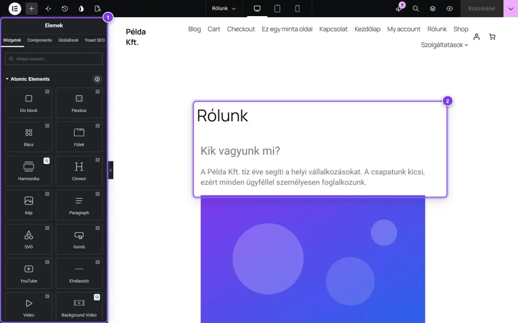 Az Elementor oldalépítő szerkesztő felülete.