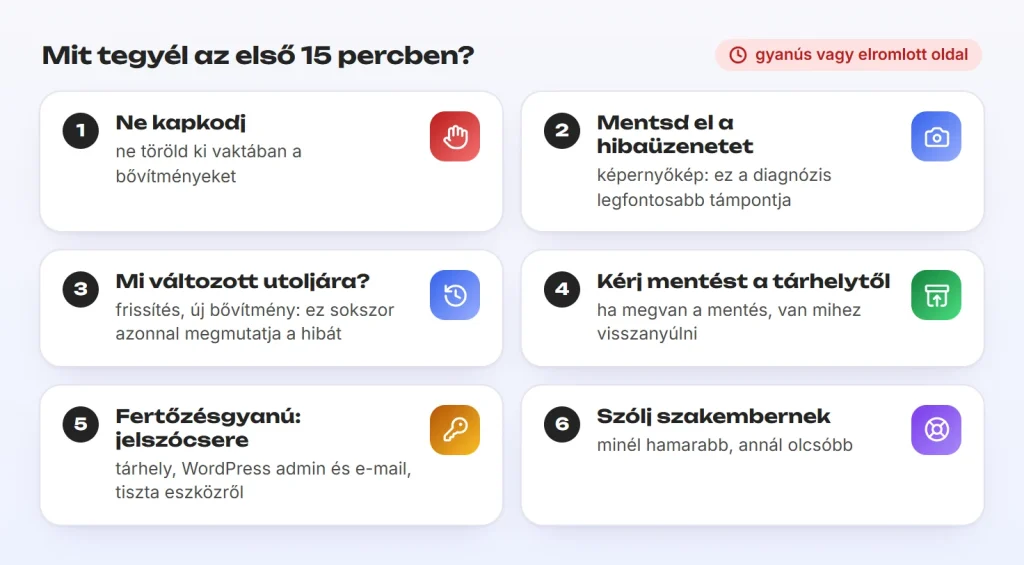 Az első 15 perc teendői: nyugalom, hibaüzenet mentése, utolsó változás, mentés kérése, jelszavak cseréje, szakember hívása.