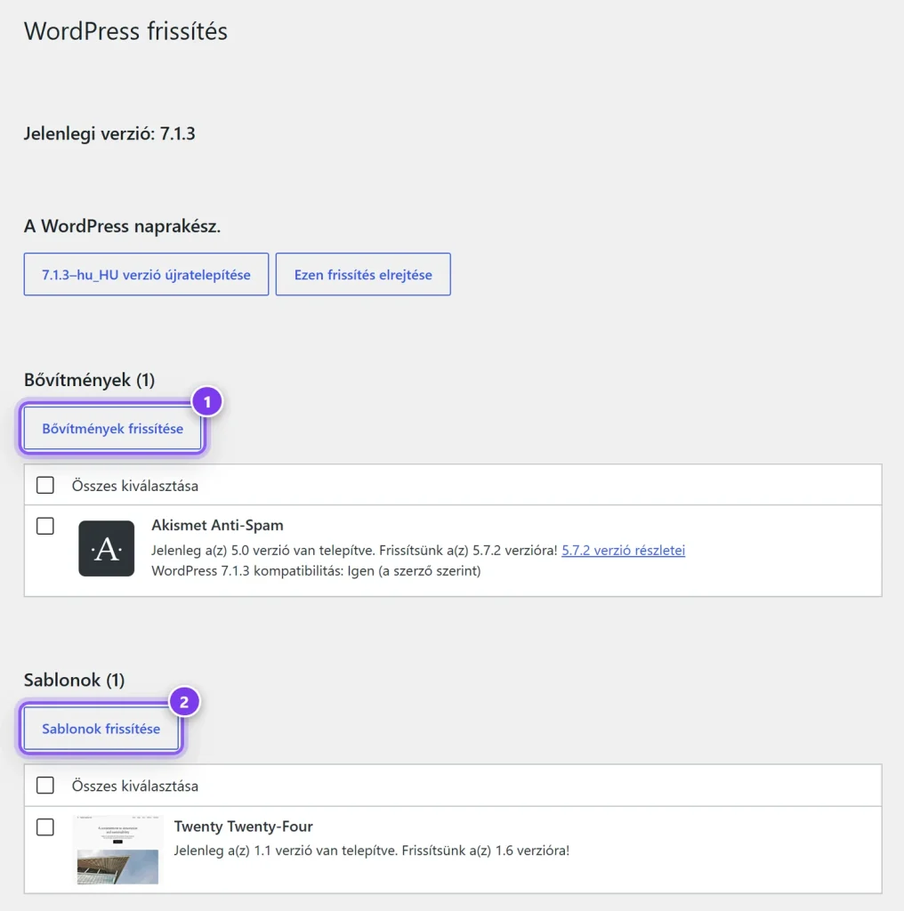 A Frissítések képernyő a WordPress, a bővítmények, a sablonok (témák) és a fordítások frissítésével.