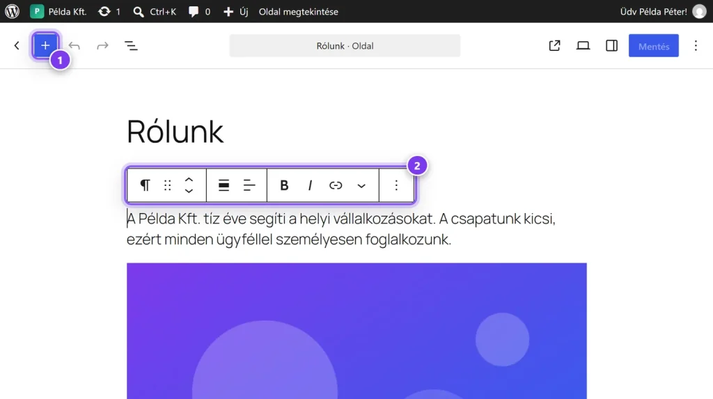 A WordPress blokkszerkesztője: az oldal címe és szövege úgy szerkeszthető, mint egy dokumentum.
